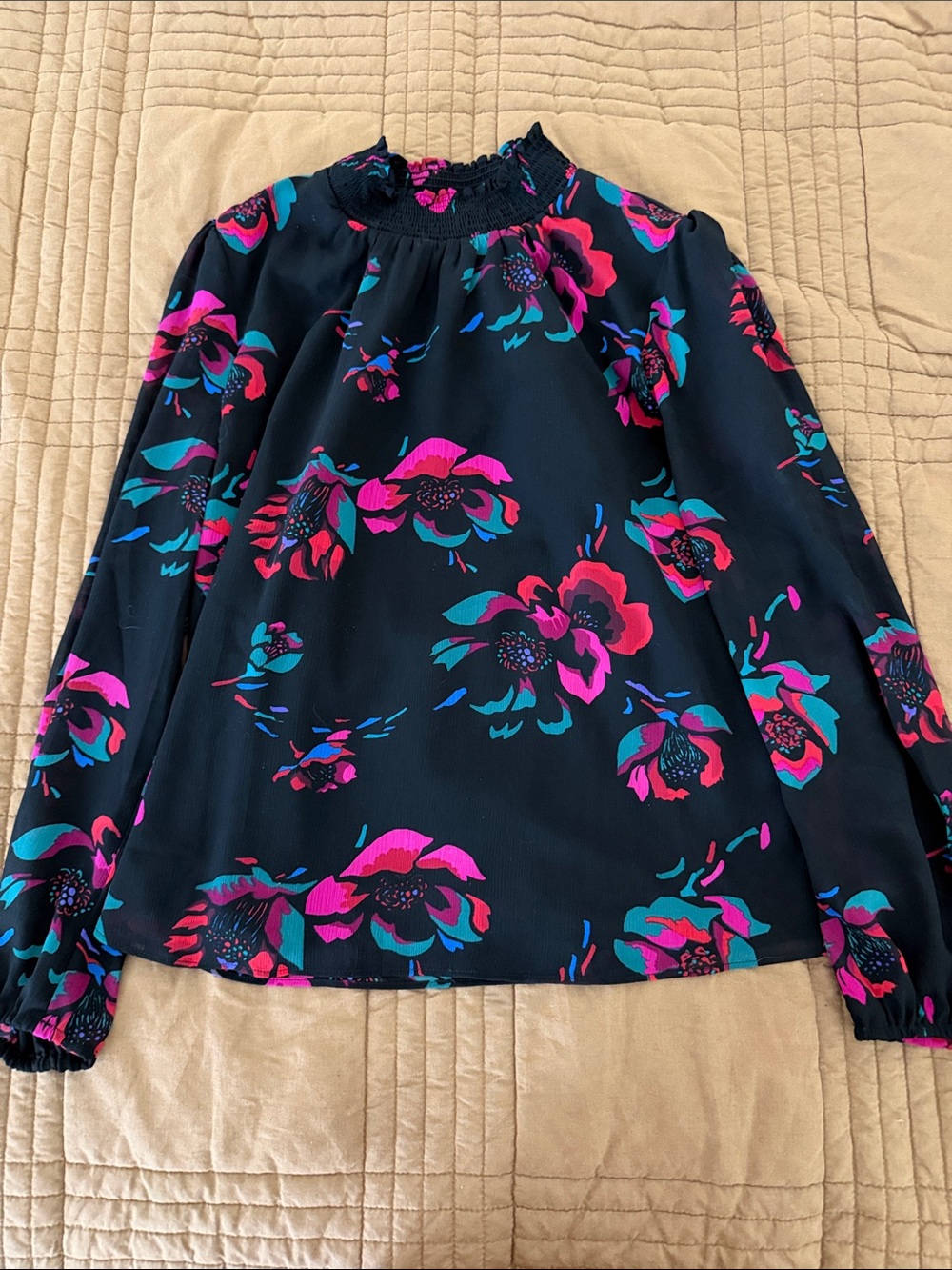 J.Crew Floral Mock Neck Blouse Black Pink Teal Long Sleeve Smocked Medium